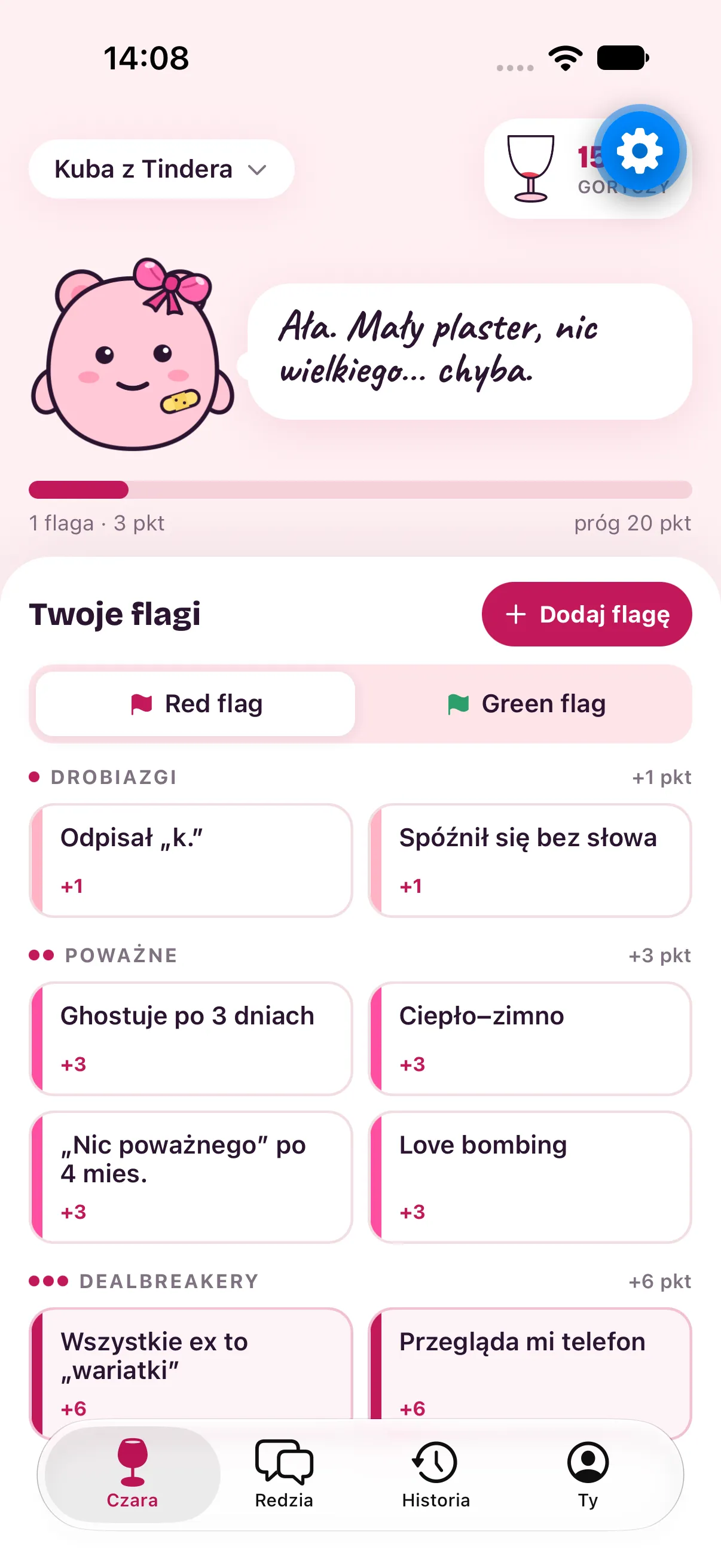 Cup screen: a grid of flags grouped into minor, serious and dealbreakers