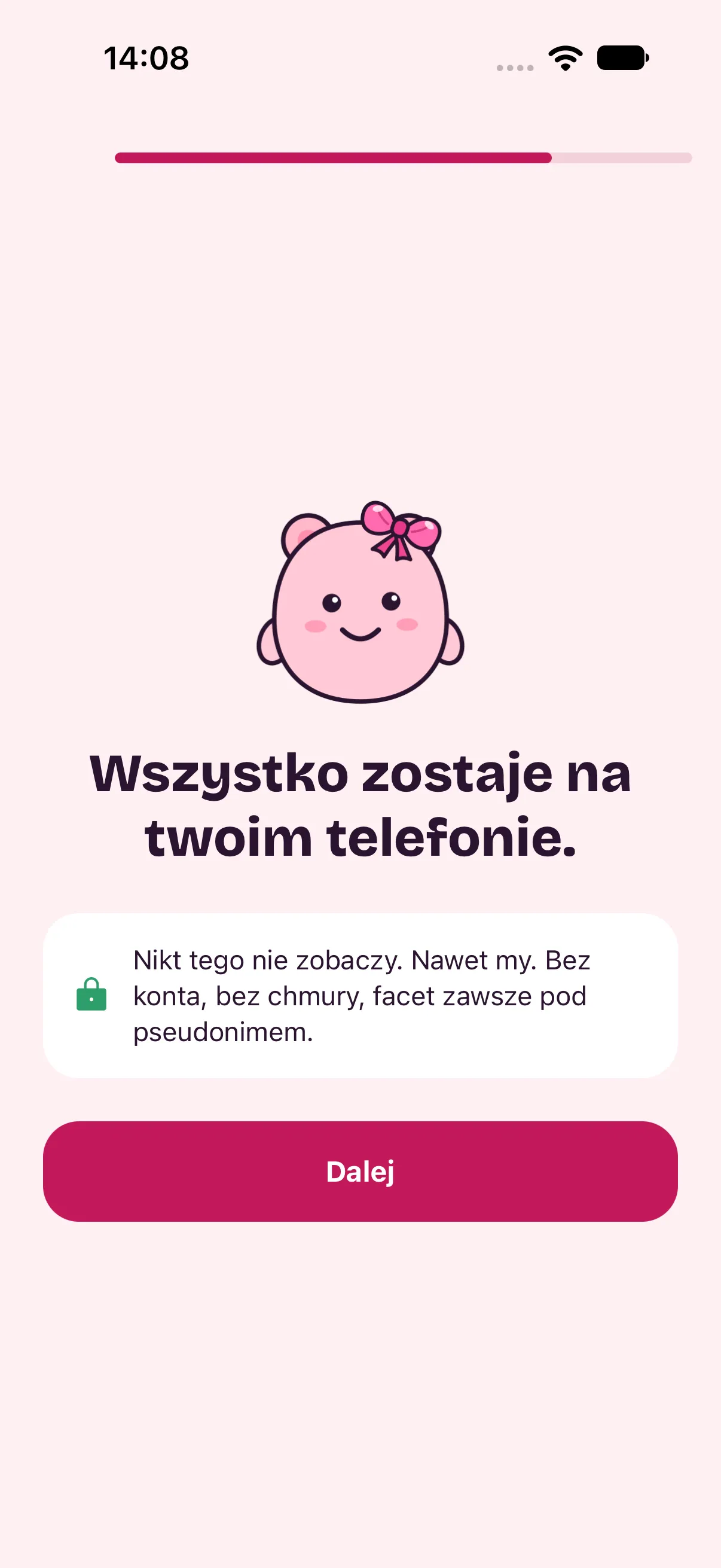 Onboarding screen: “Everything stays on your phone.”
